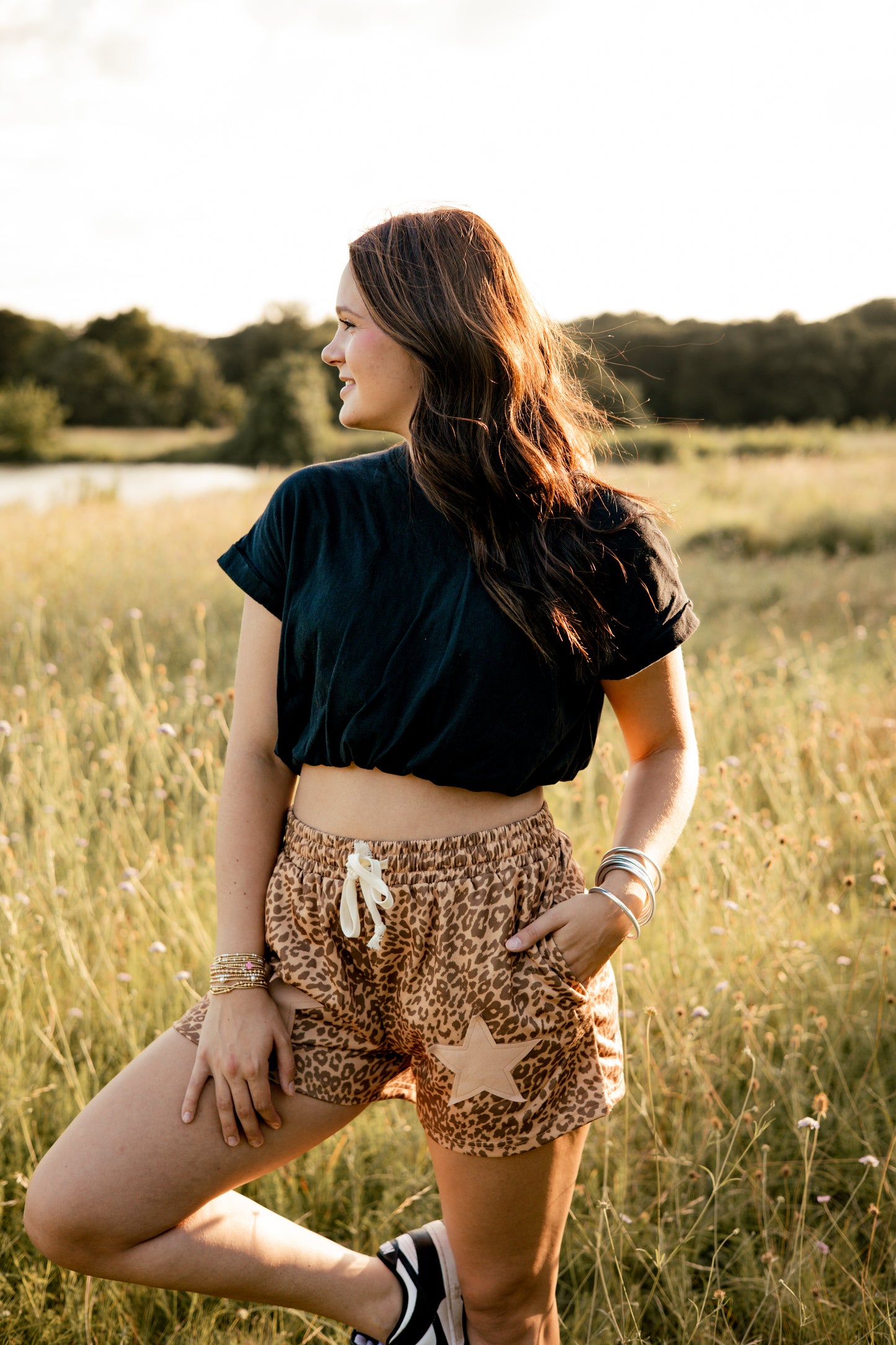 Leopard Drawstring Star Patched Shorts