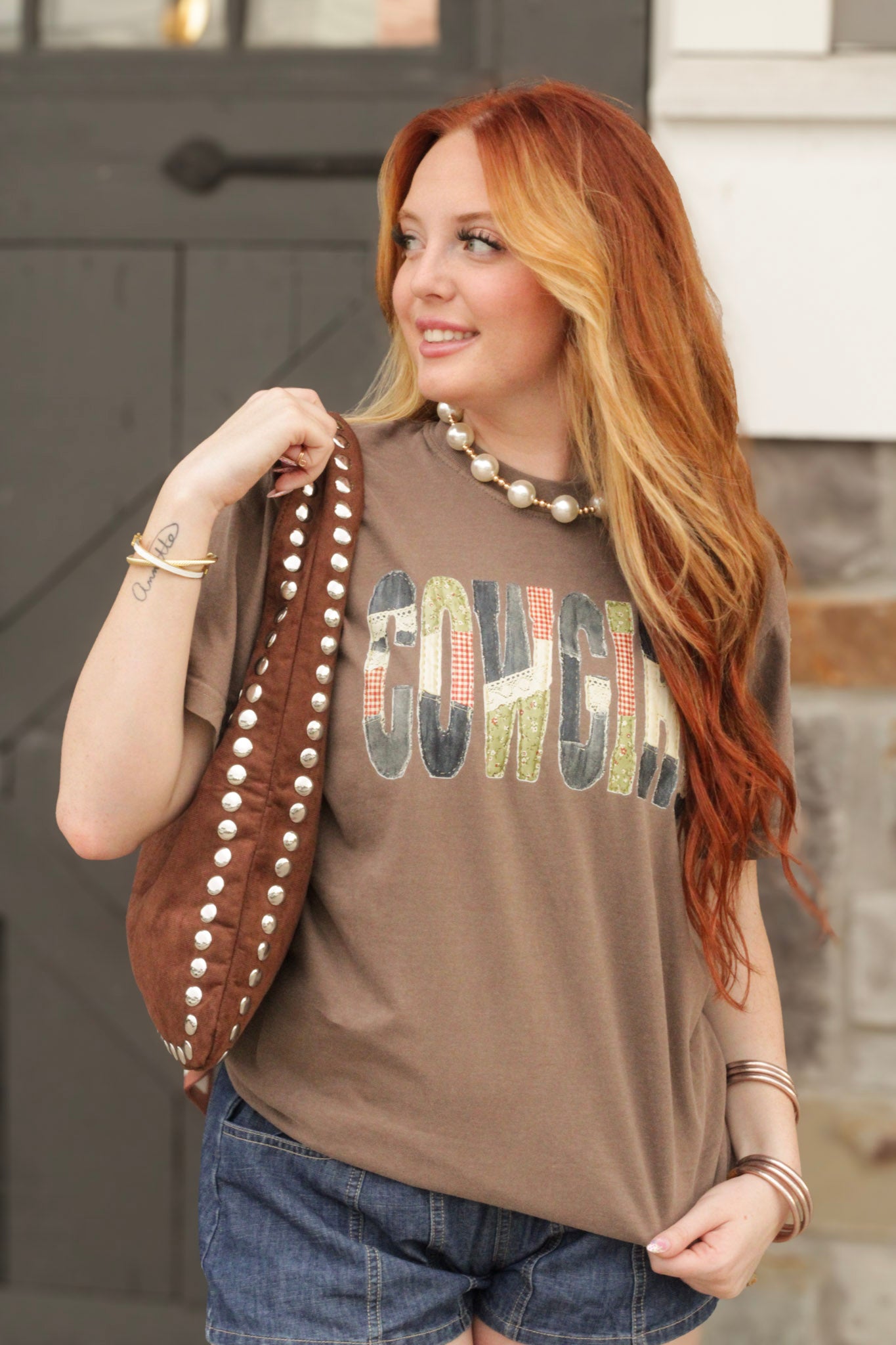 Brown Studded Suede Shoulder Bag