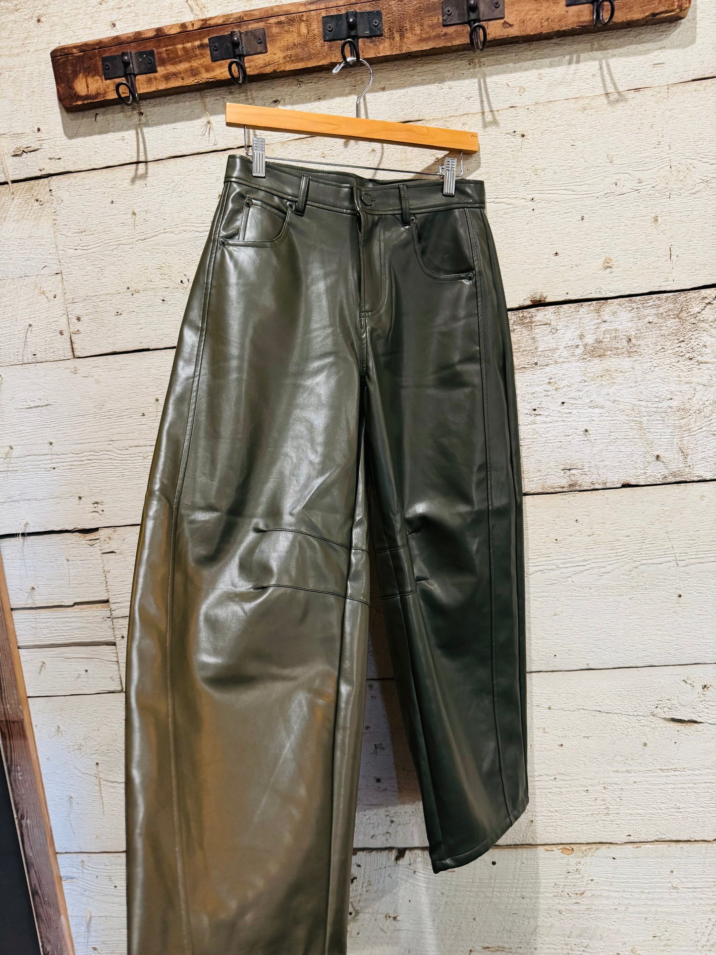 Olive Green Leather Barrel Jeans