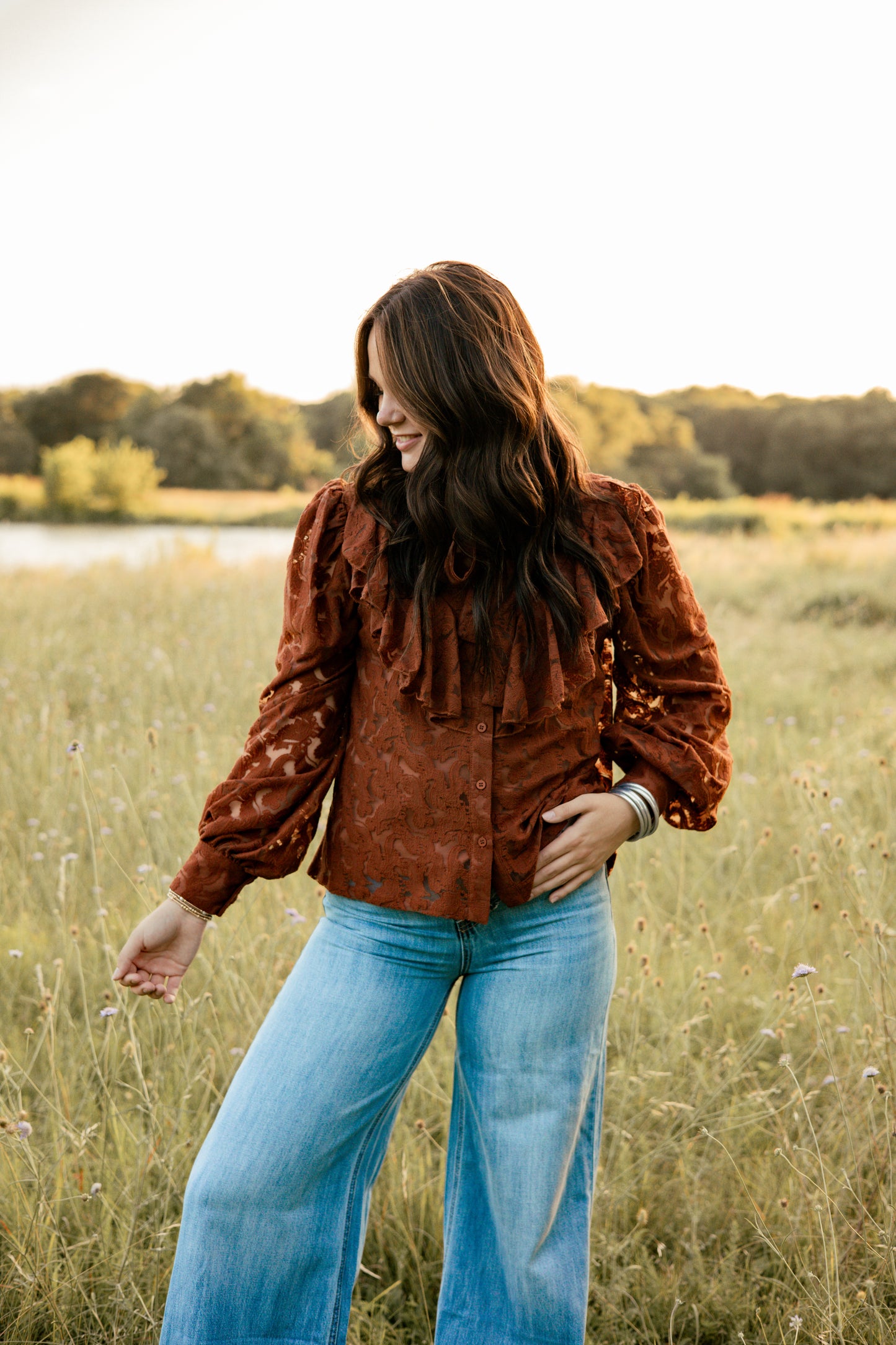 Brown Lace Long Sleeve Blouse