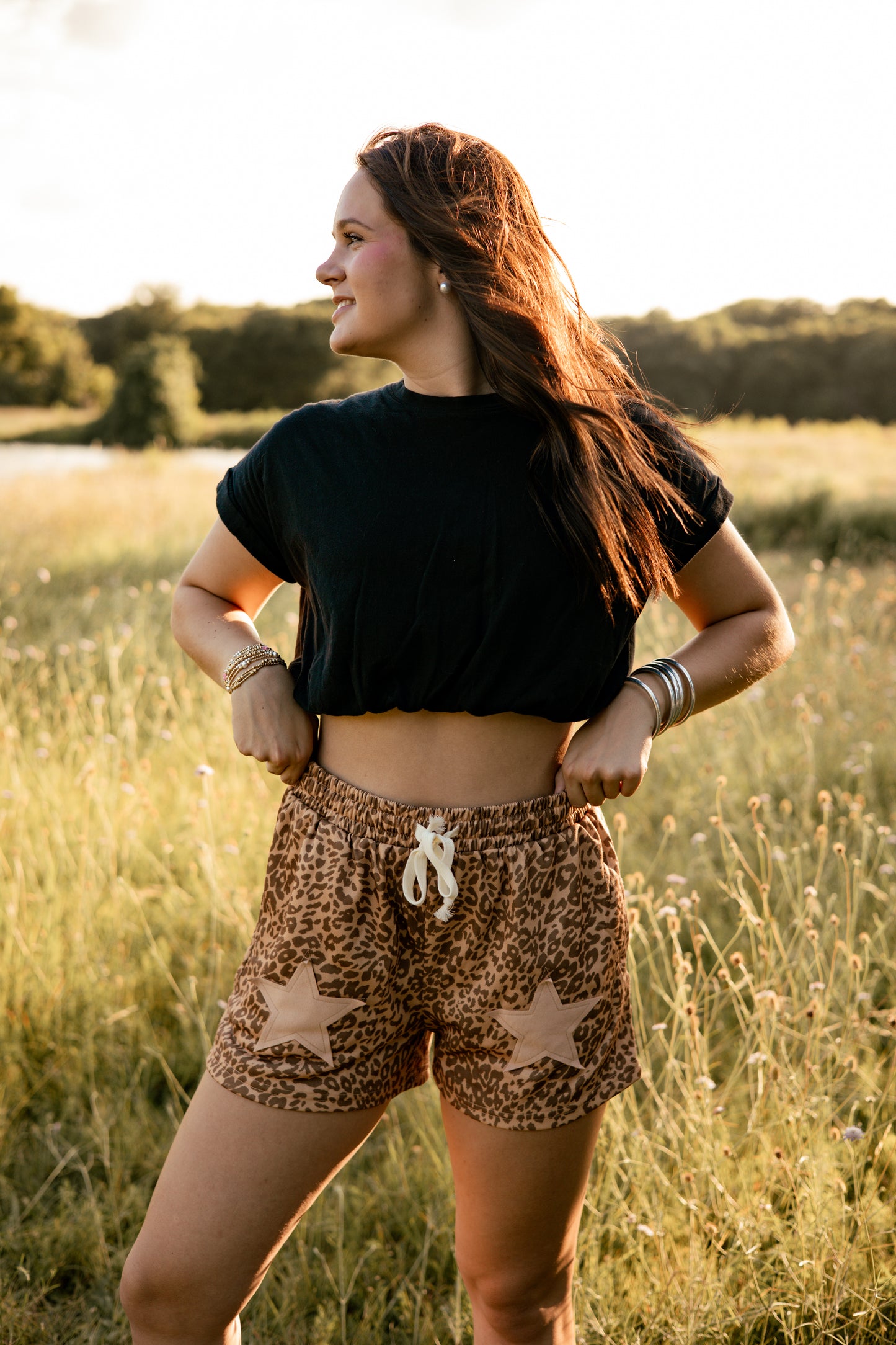 Leopard Drawstring Star Patched Shorts