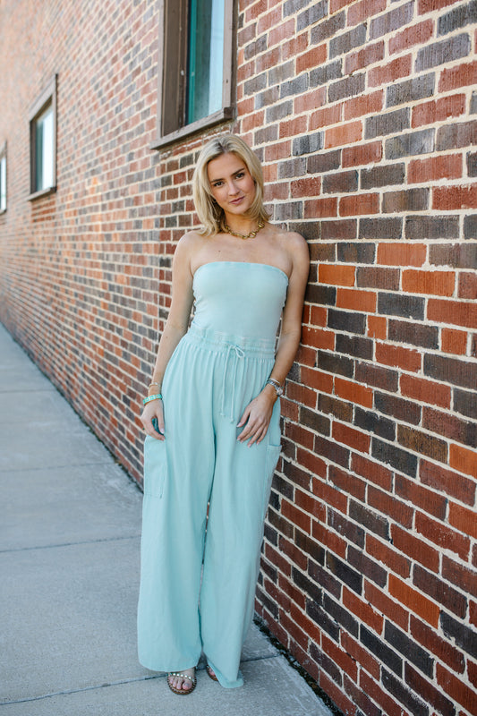 Strapless Mineral Wash Turquoise Romper ￼