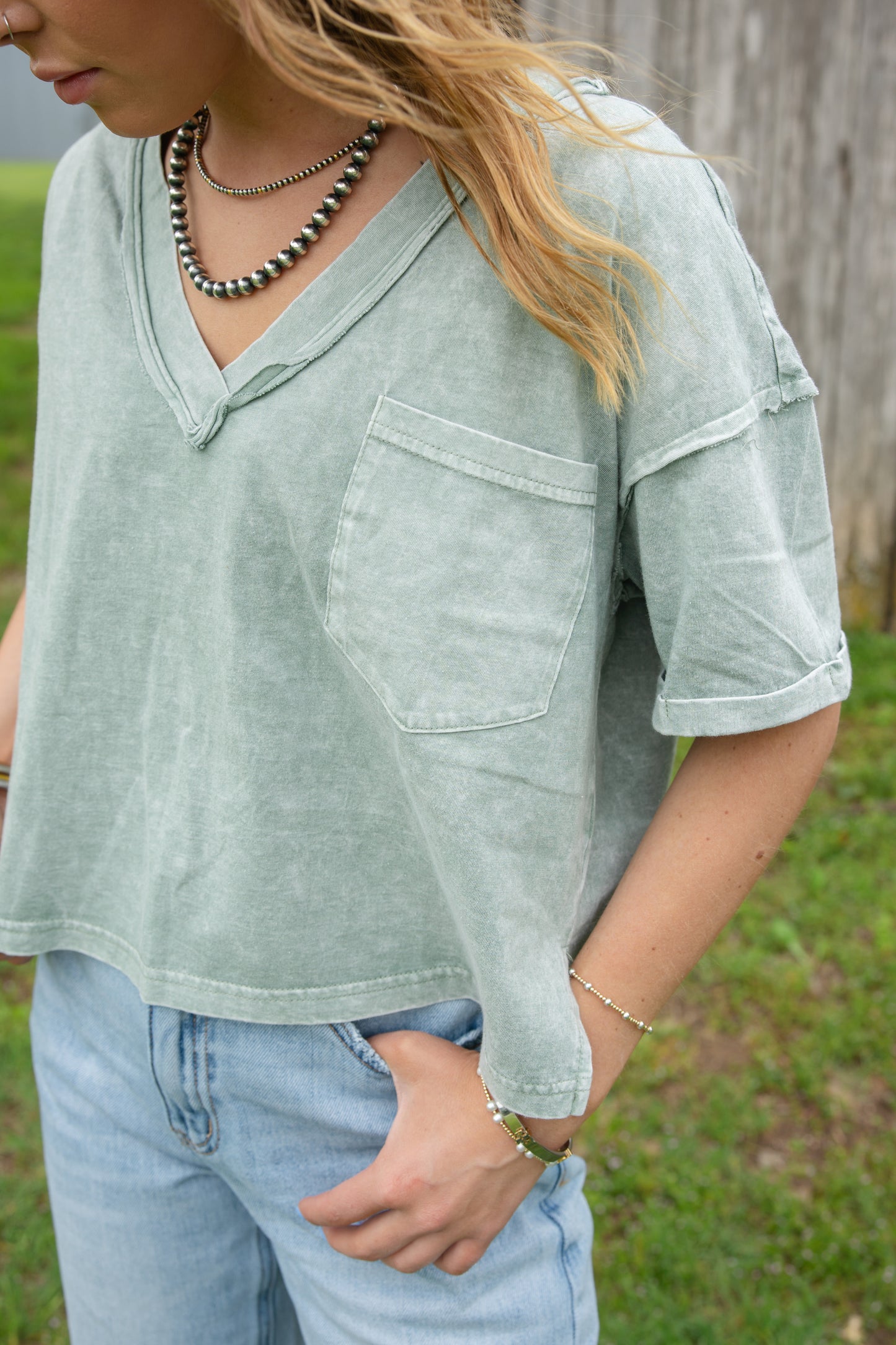 Washed V Neck Top