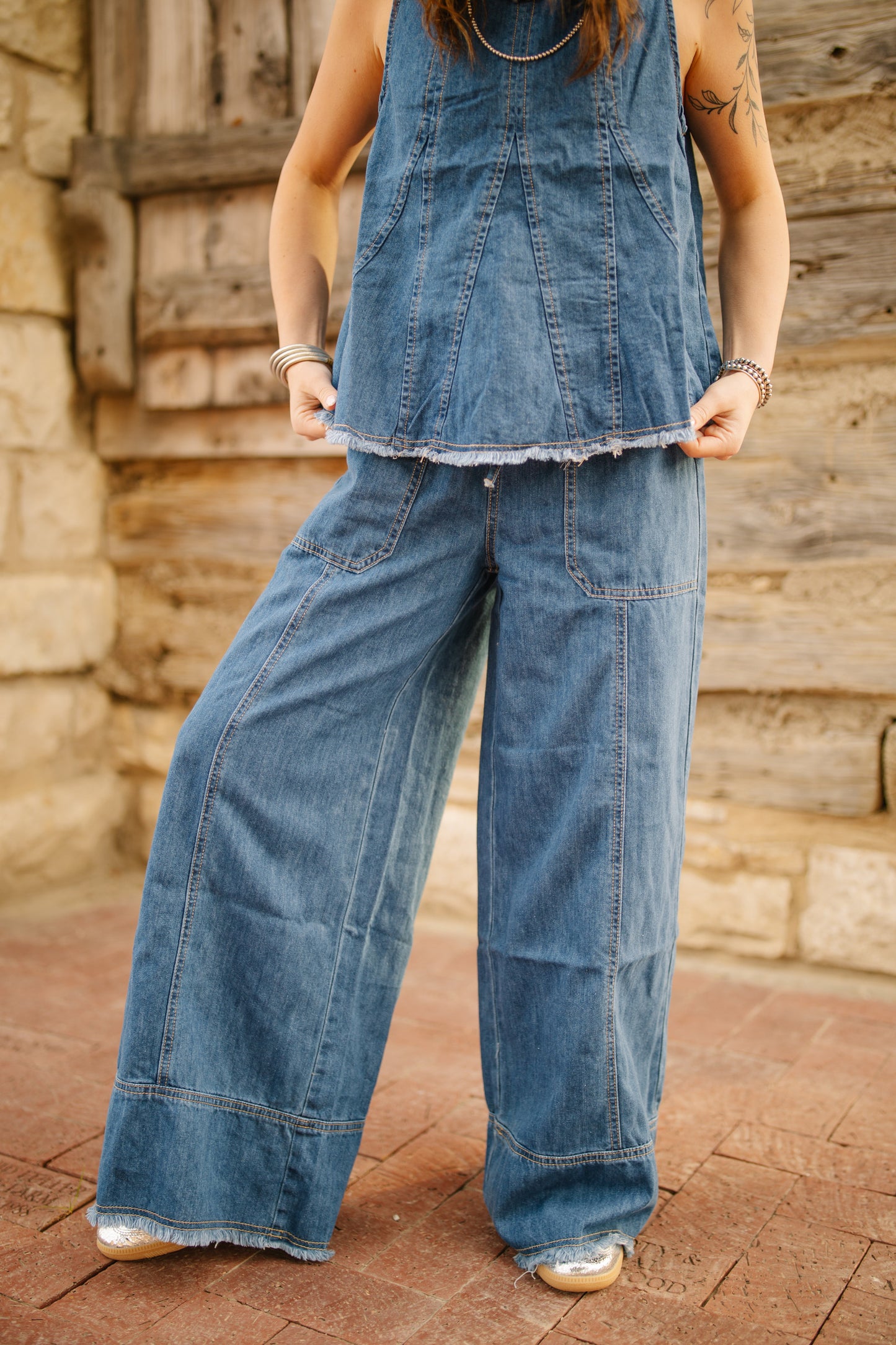 Washed Denim Tank & Wide-Leg Pants Set