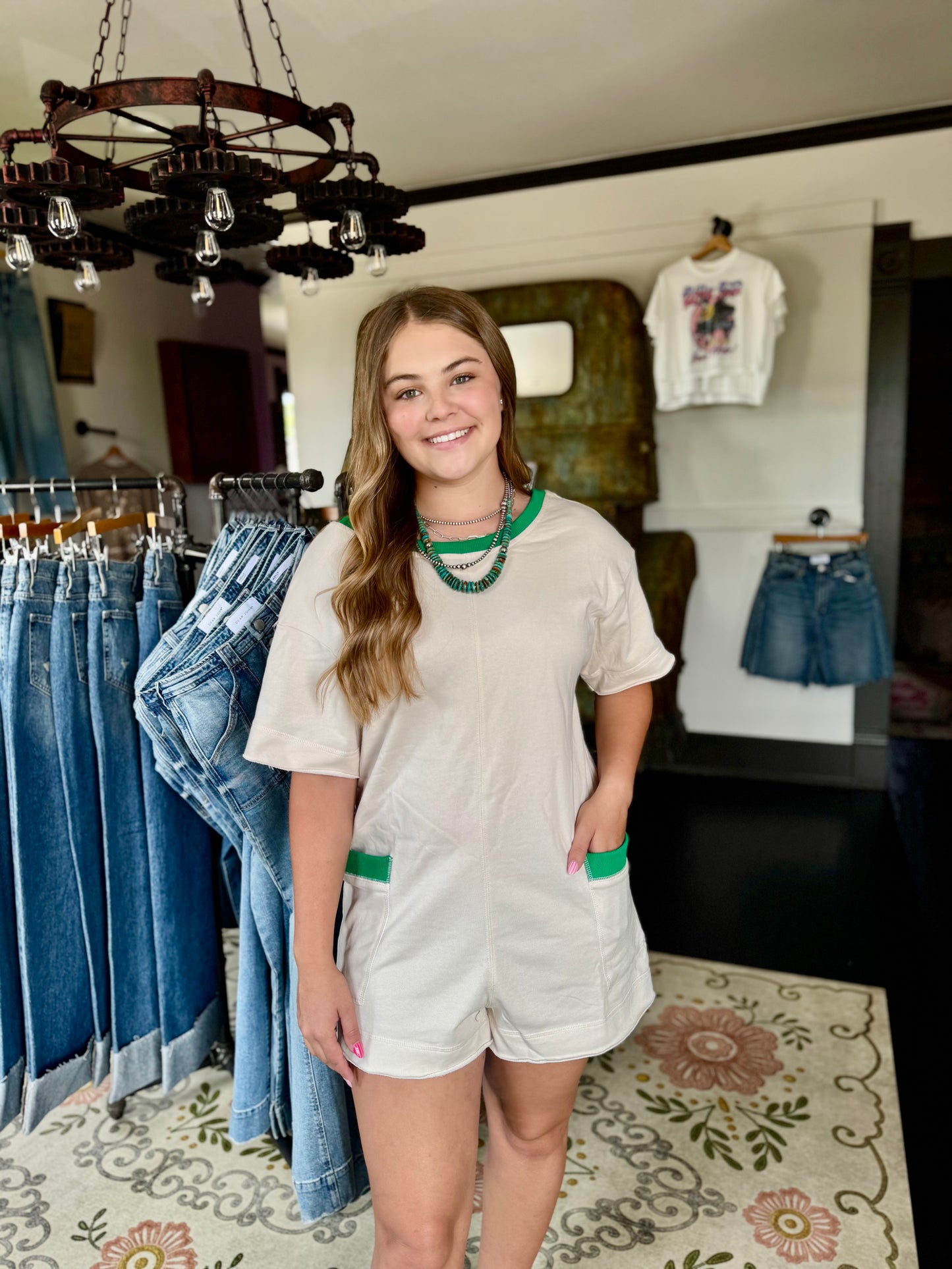 Tan-Green Cotton Romper