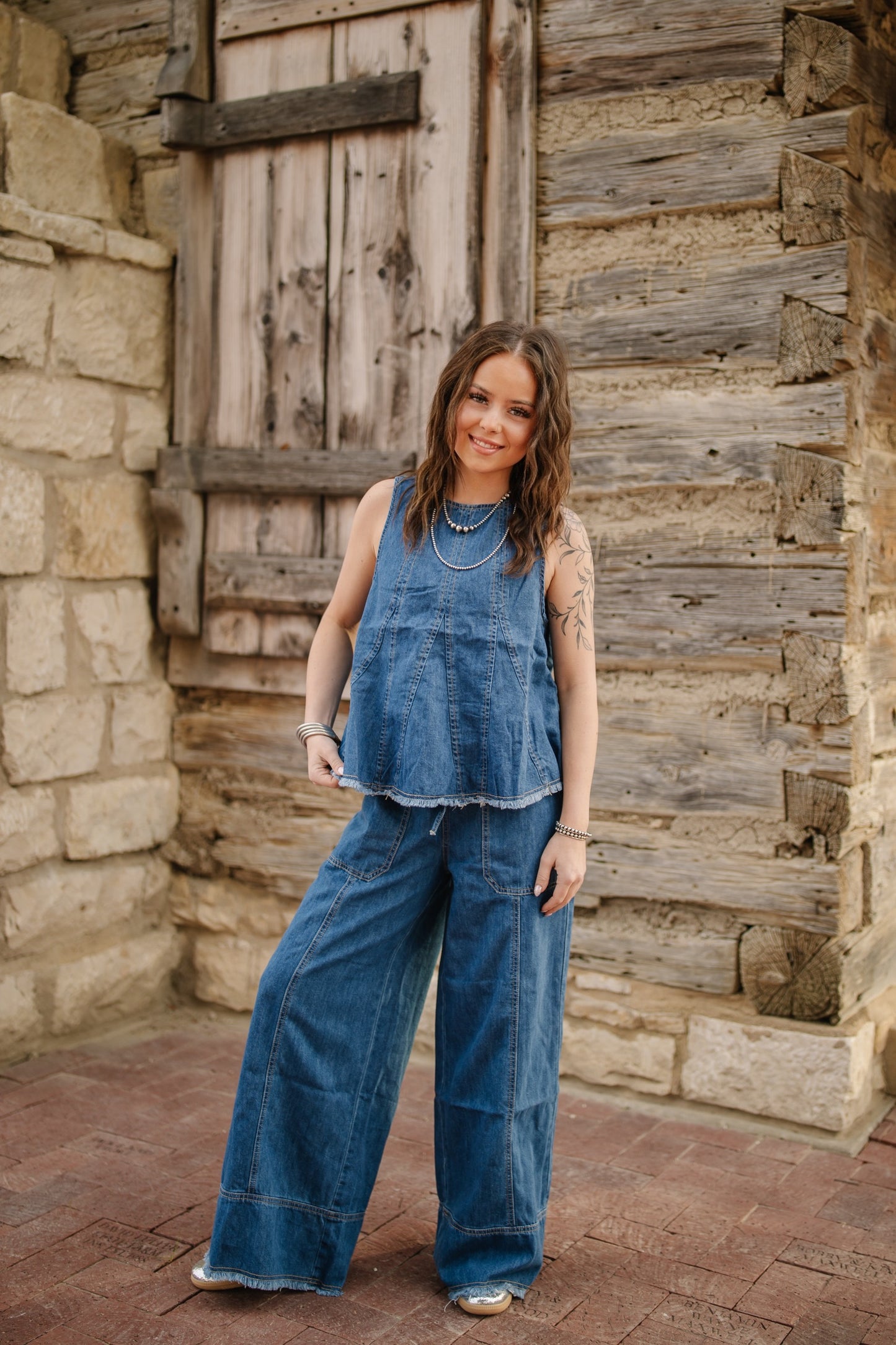 Washed Denim Tank & Wide-Leg Pants Set