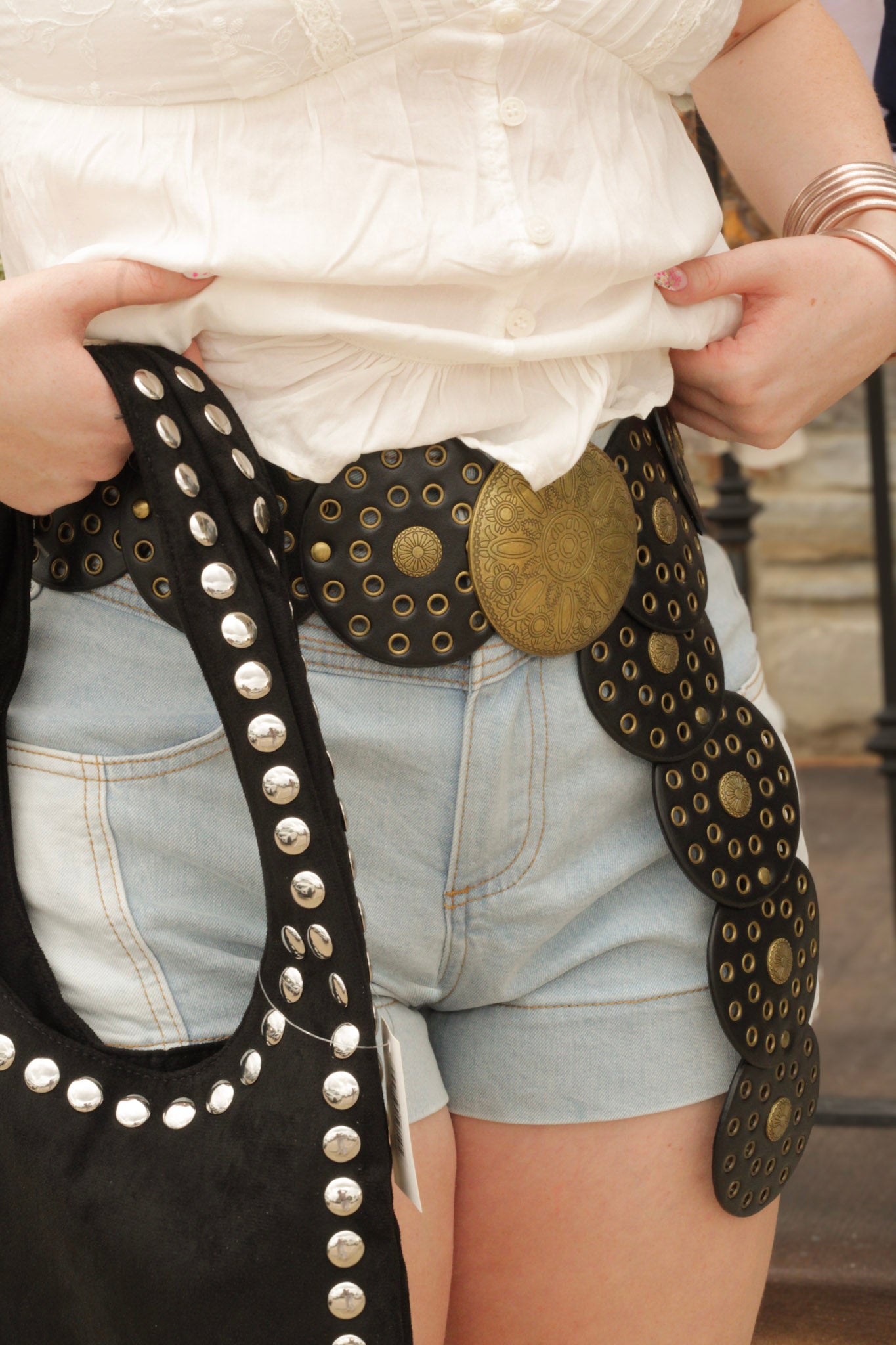 Black Leather Grommet Disc Chain Belt