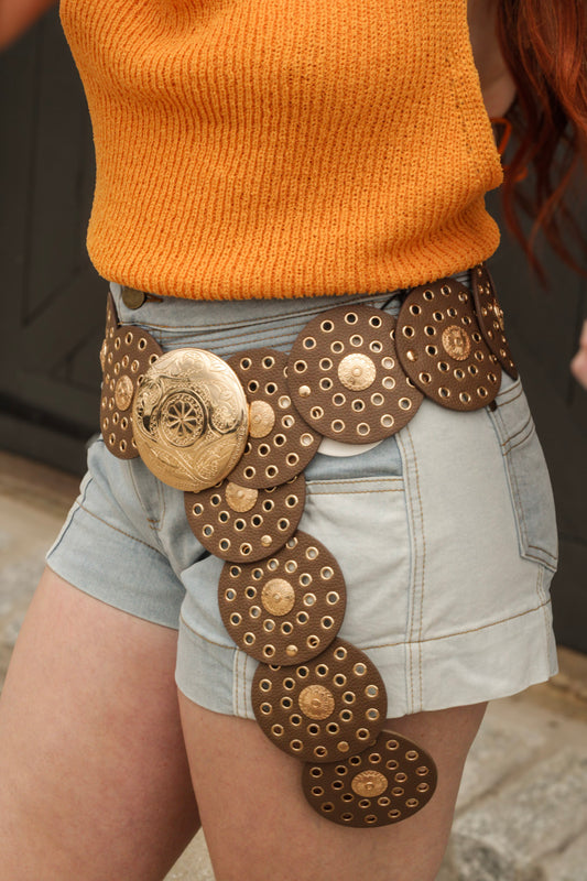 Brown Leather Grommet Disc Chain Belt